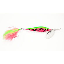Load image into Gallery viewer, Colorful fishing lure with pink and green details on a white background
